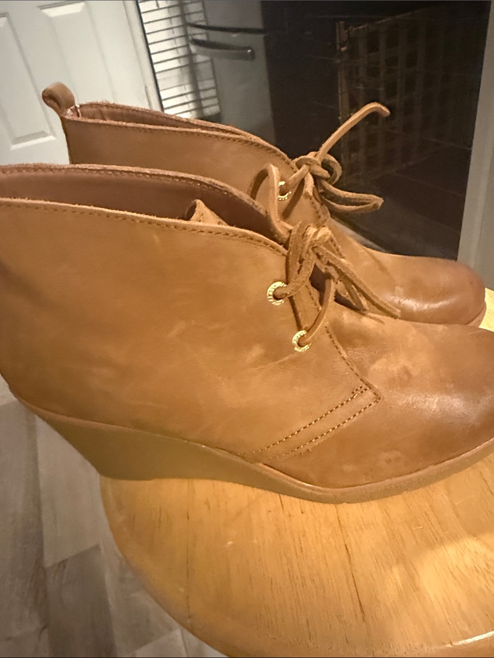 Bueno Tan Lace-Up Wedge Ankle Booties